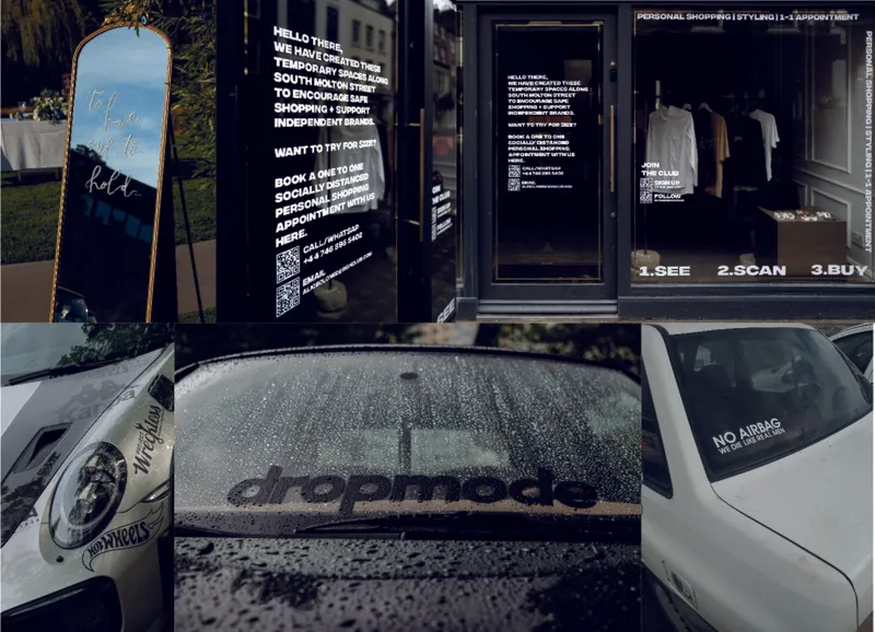 Belettering op winkelpui en auto